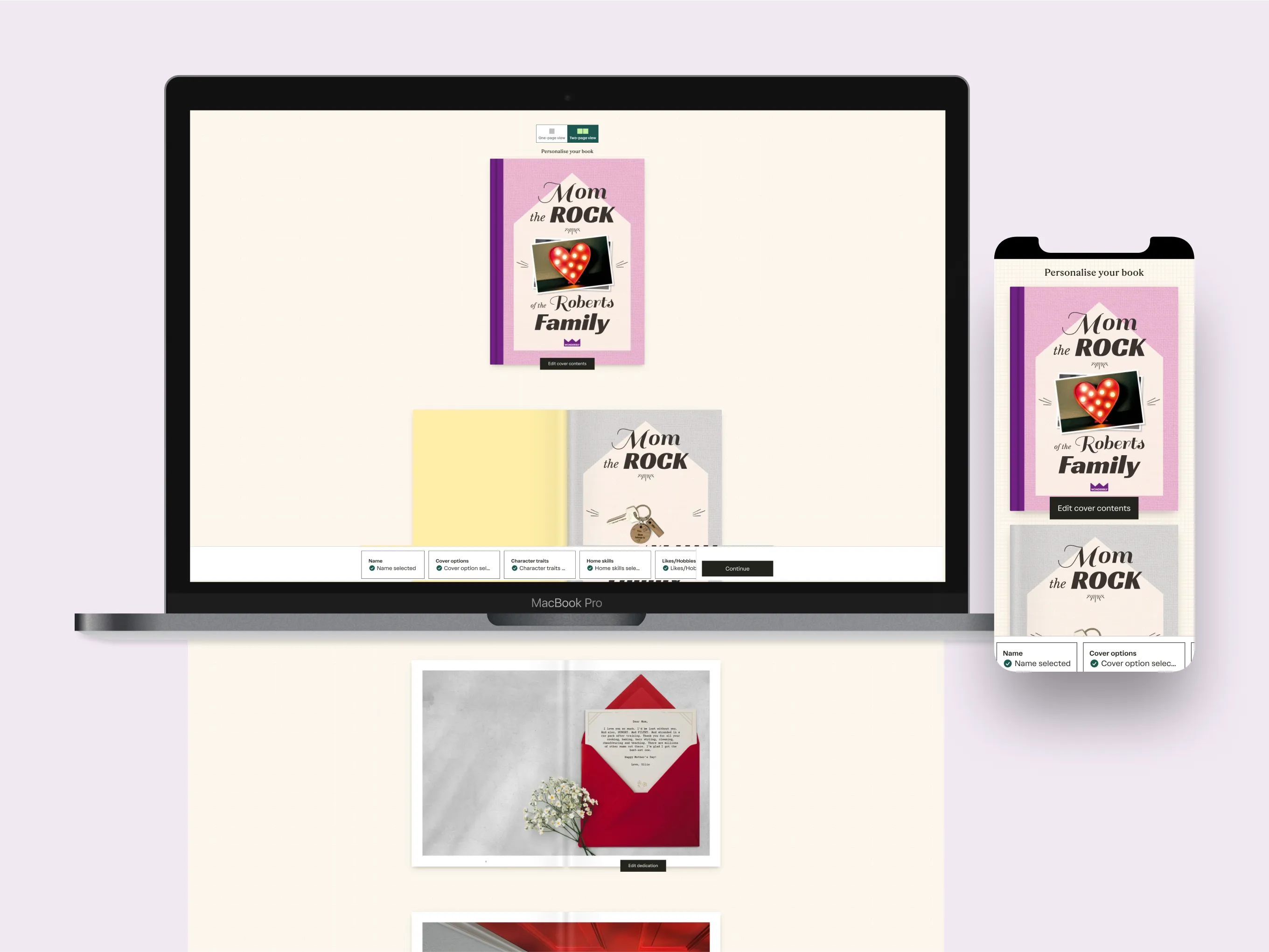 Family Hero Mum personalisation interface on desktop and mobile, with the book cover in focus
