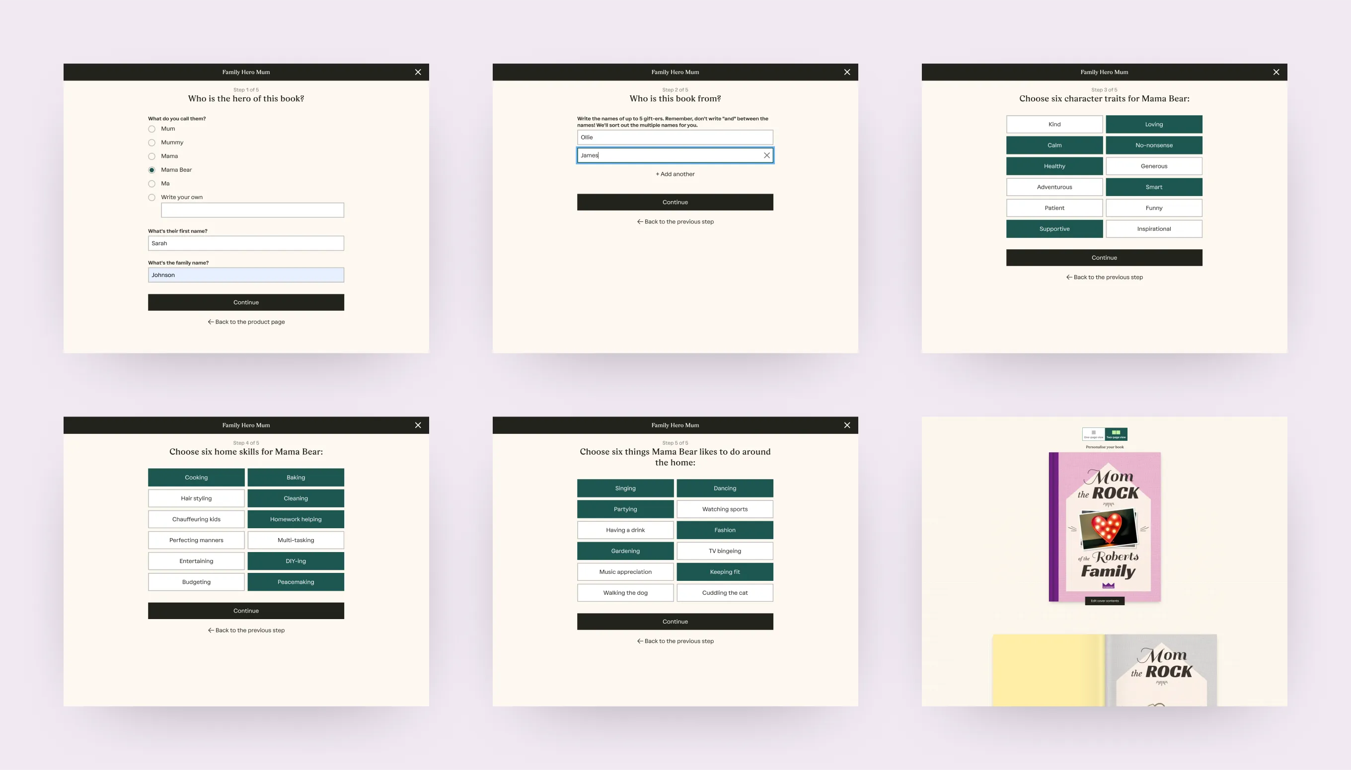 The different stages in the initial personalisation flow for the Family Hero Mum book where the user describes the hero of the book