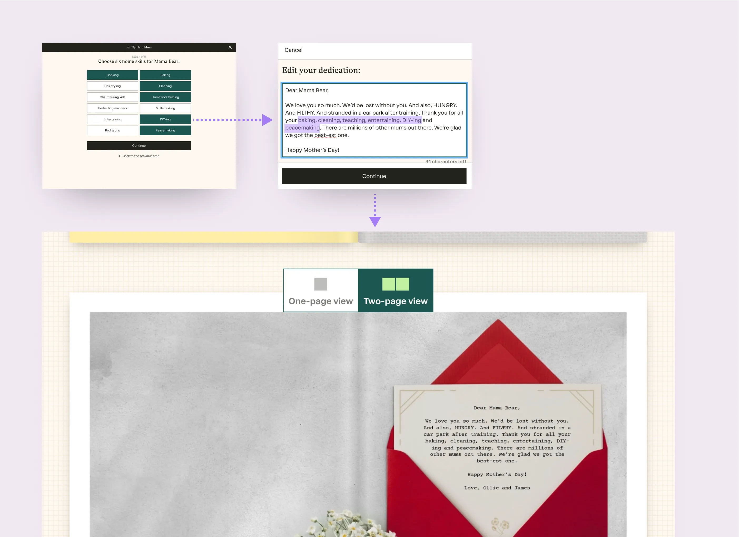 An illustration showing an example of how the user’s choice for the hero’s skills in the initial personalisation flow are used in the Dedication spread within the book