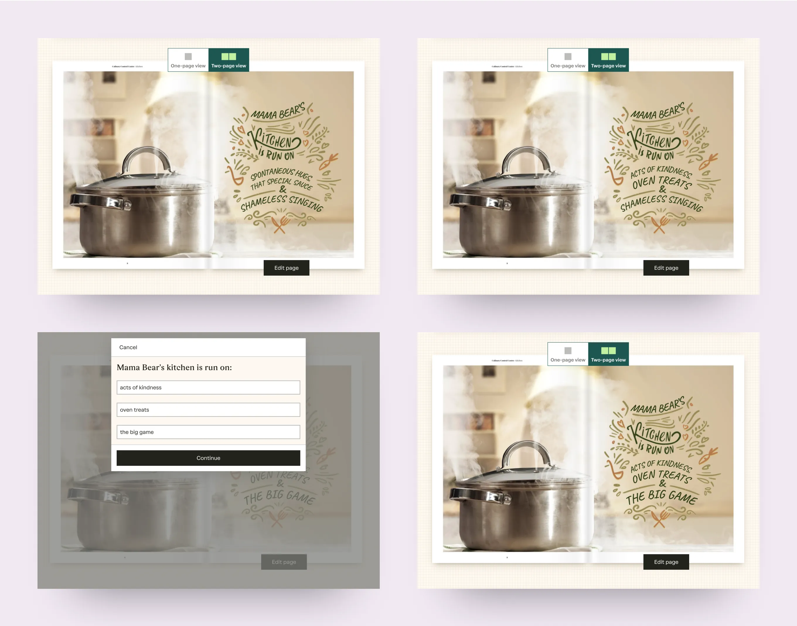 Examples showing different combinations of text for the Kitchen spread