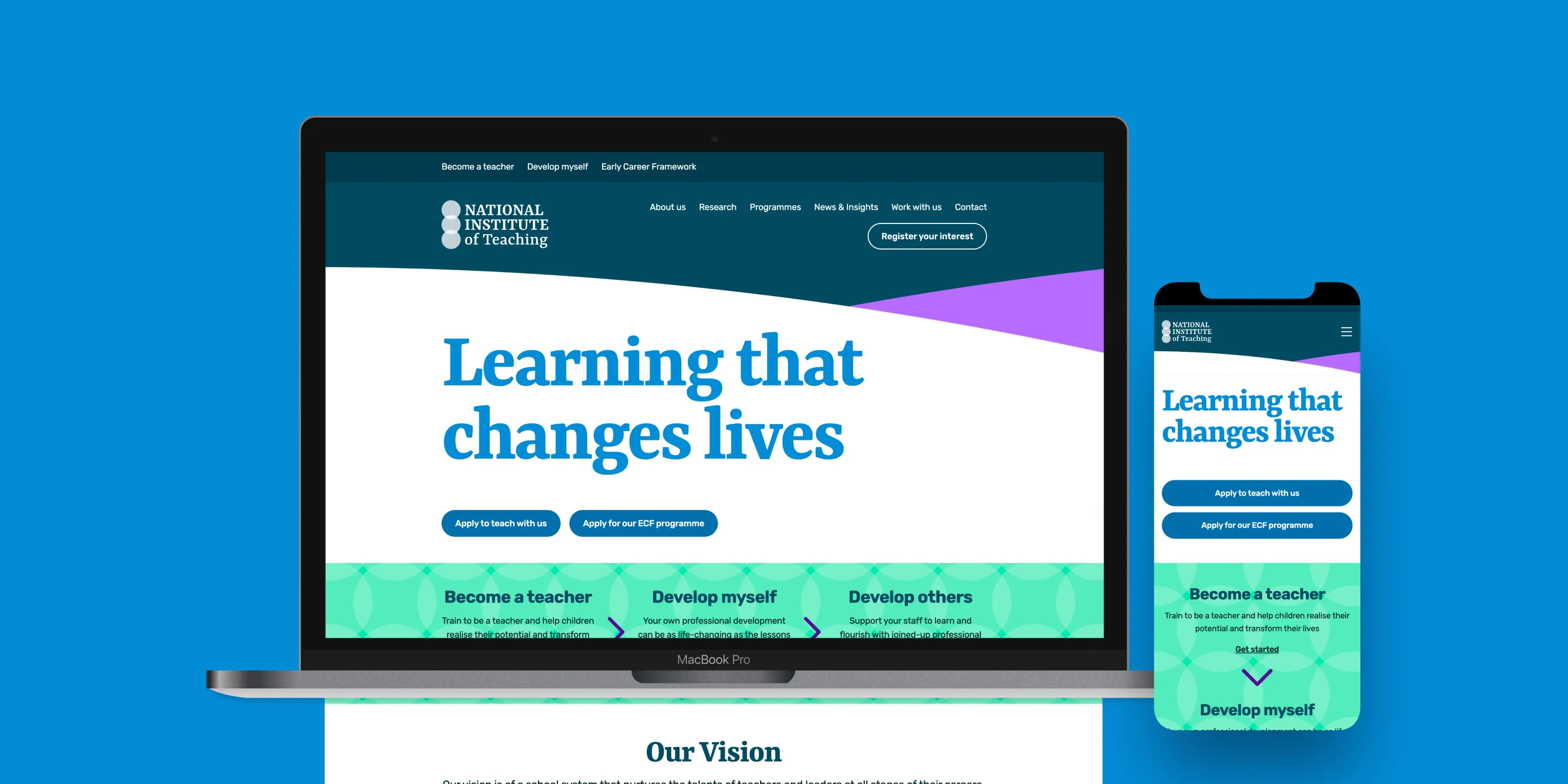 Screenshots of National Institue of Teaching homepage on desktop and mobile