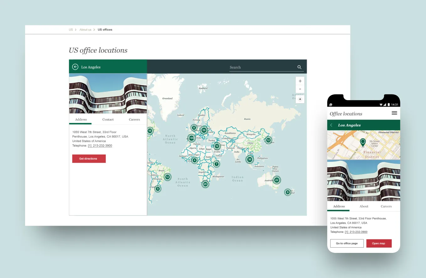 Screenshots of Office Locator map component on desktop and mobile