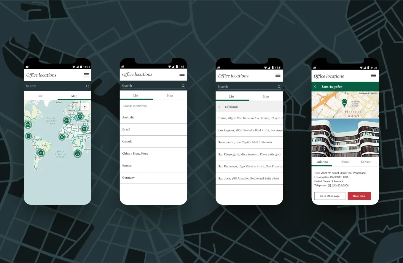 Screenshots of Office Locator map component on desktop and mobile
