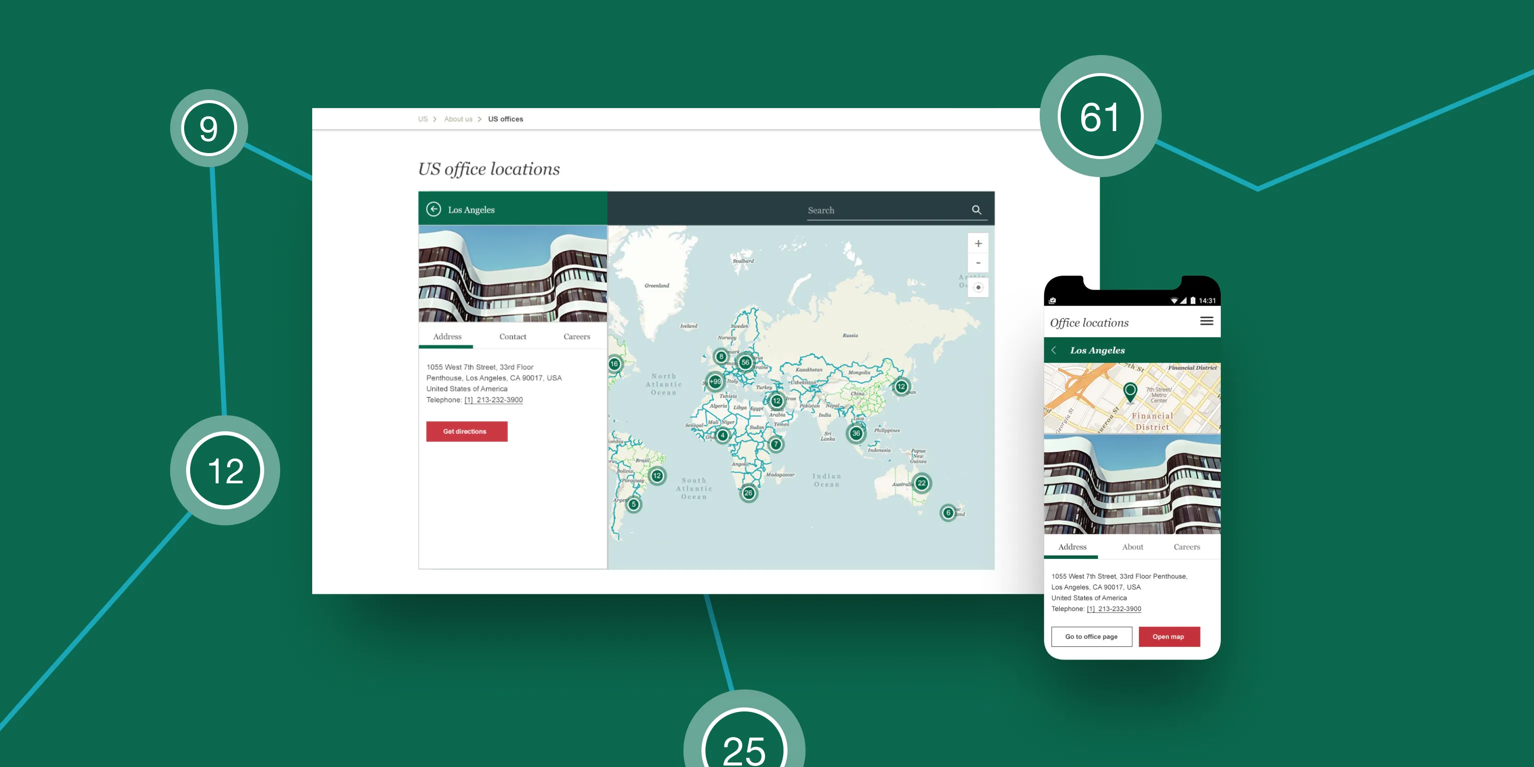 Screenshots of Office Locator map component on desktop and mobile
