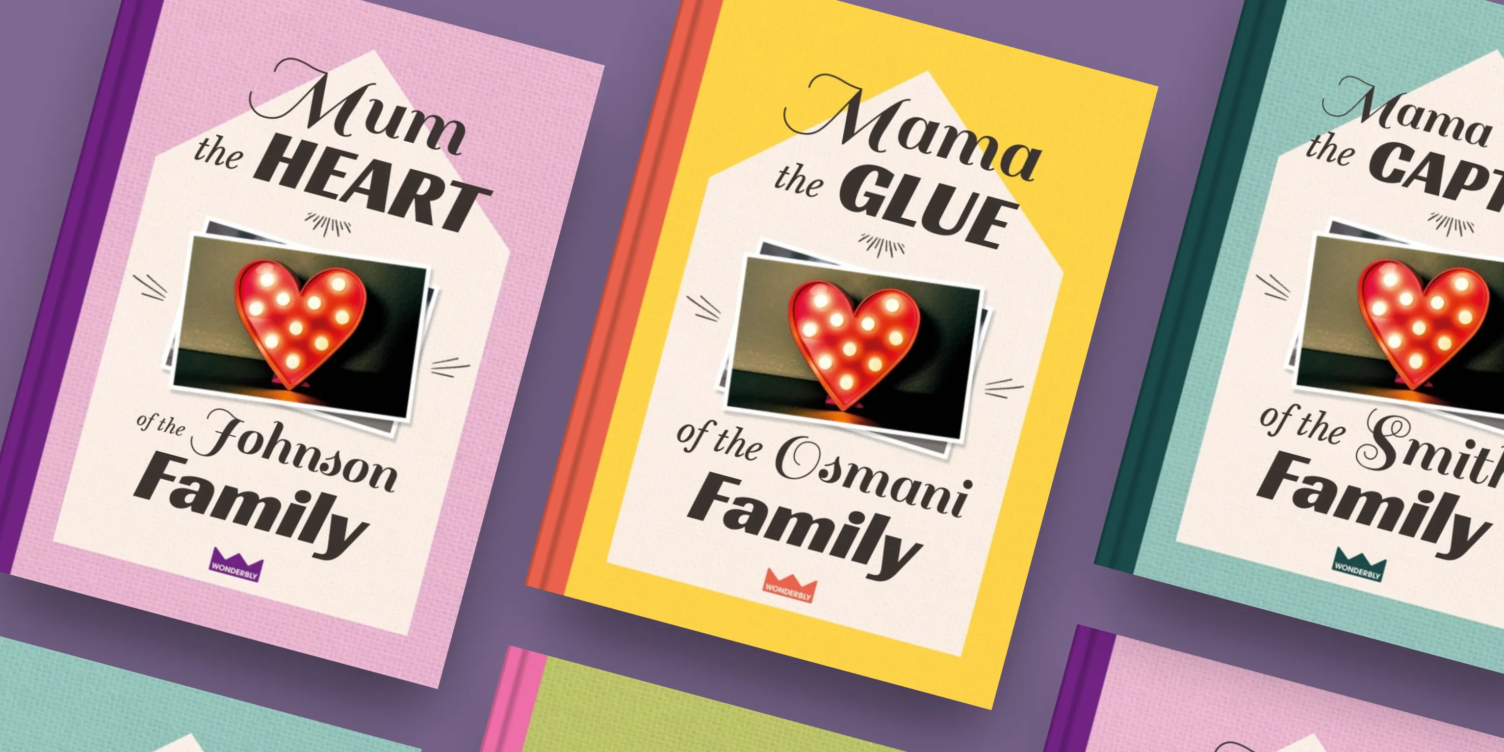 Preview of available book cover colours, as well as different combinations of configuration for family name and descriptive text for the hero of the family
