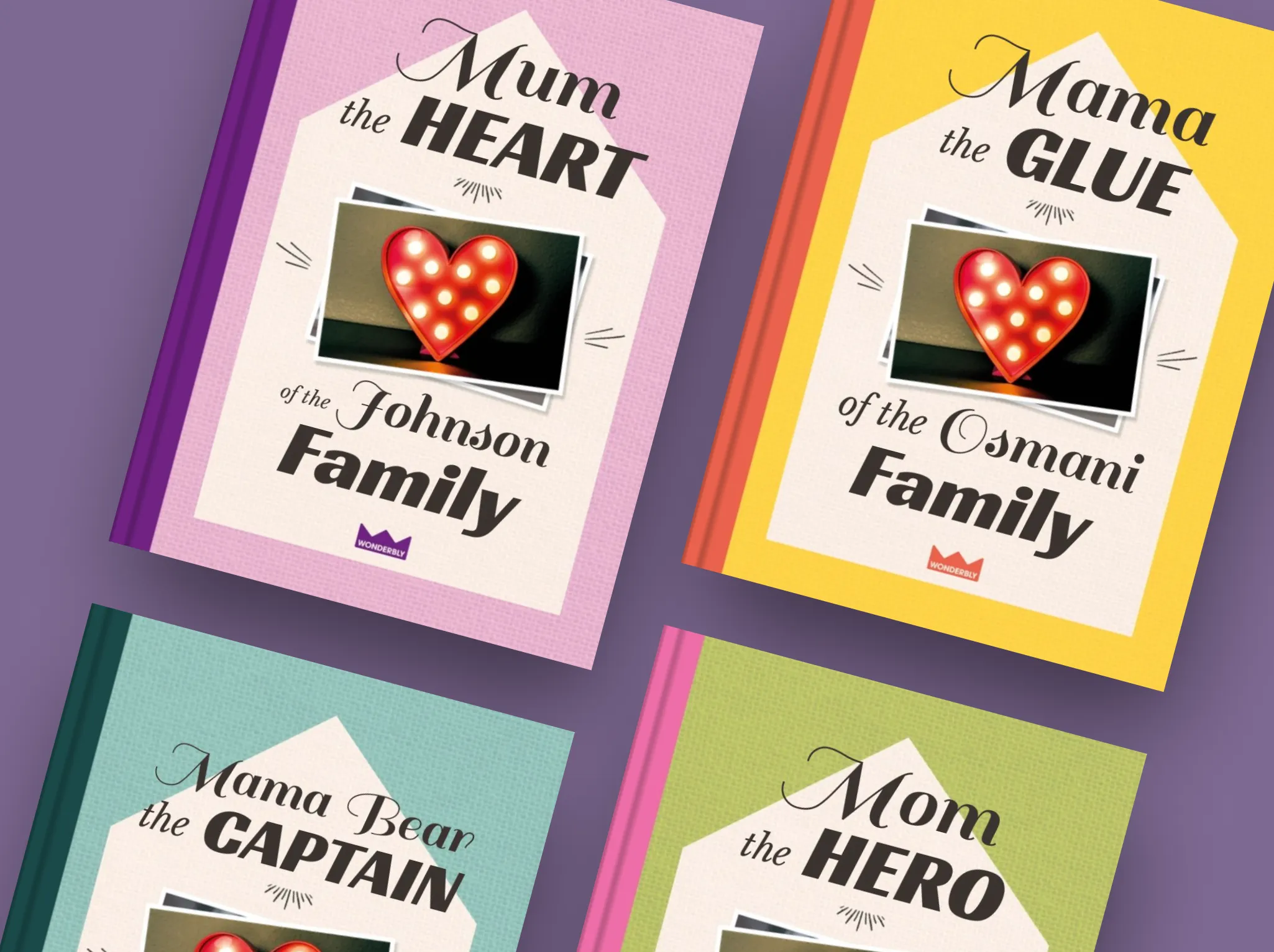 Preview of available book cover colours, as well as different combinations of configuration for family name and descriptive text for the hero of the family